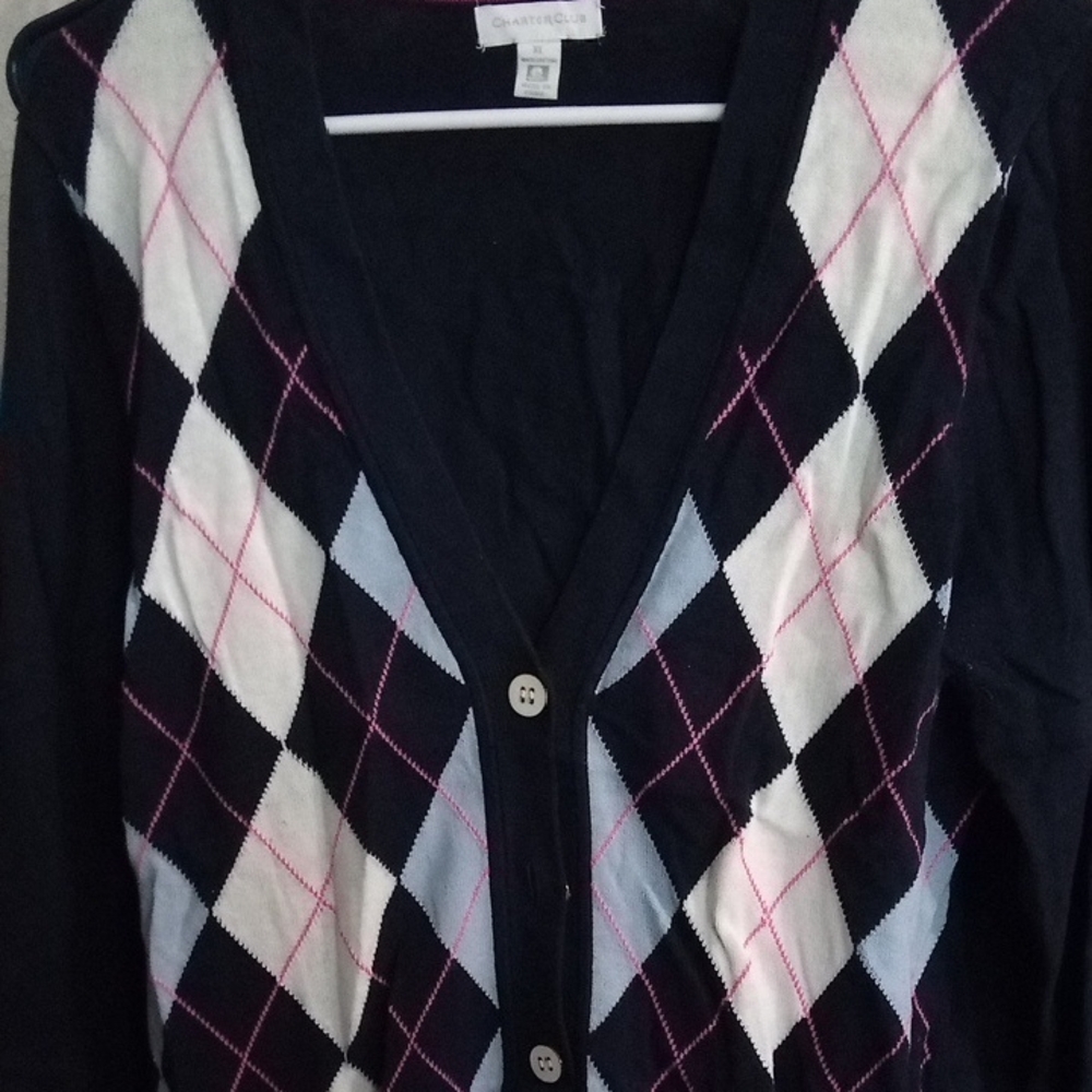 Charter Club Women’s Black Argyle Button Cardigan Sweater